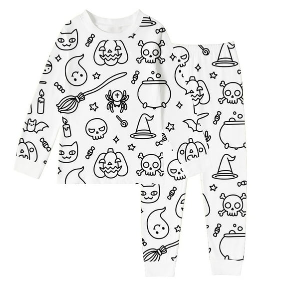 Wuxian Boys Pajamas Halloween Fall Homewear Crew Neck Long Sleeve Pajamas Sets Toddler Printed Cotton Pjs Kids Sleepwears Comfort Soft Pajama,White,9-10 Years