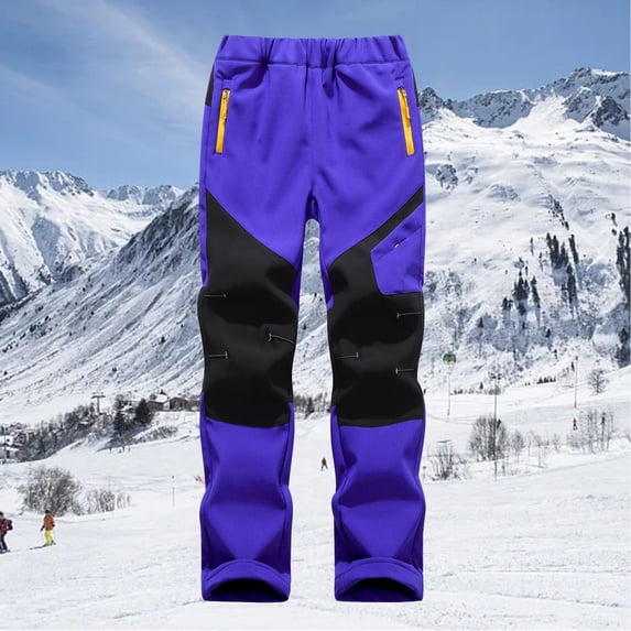 Wuxian Boys Snowpants Thick Lined Waterproof Windbreaker Straight Leg Elastic Waist Patchwork Color Block Ski Pants With Pocket Warm Trouser Hiking Softshell Trousers,BU2,7-8 Years