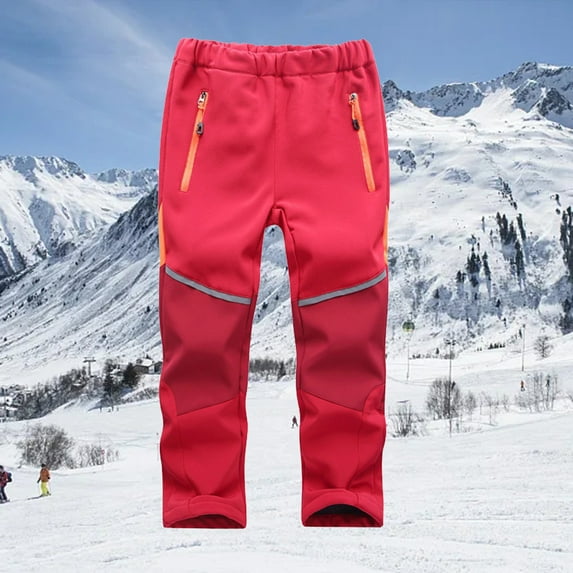 Wuxian Boys Snowpants Thick Lined Waterproof Windbreaker Straight Leg Elastic Waist Patchwork Color Block Ski Pants With Pocket Warm Trouser Hiking Softshell Trousers,Red,8-9 Years