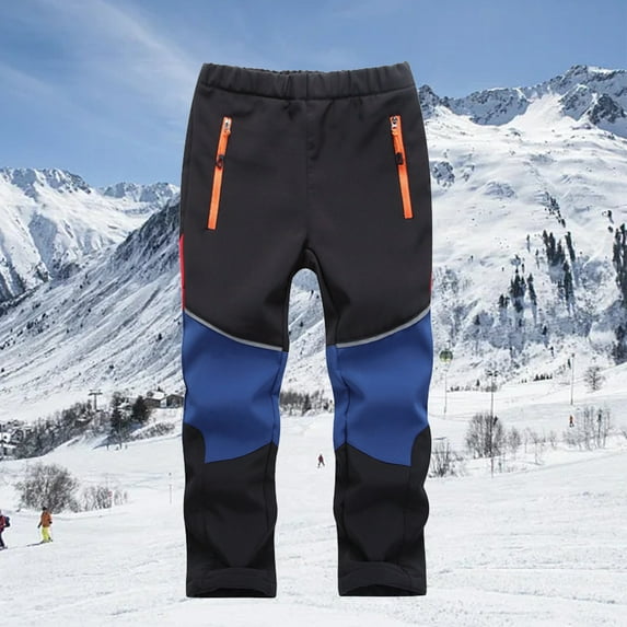 Wuxian Boys Snowpants Thick Lined Waterproof Windbreaker Straight Leg Elastic Waist Patchwork Color Block Ski Pants With Pocket Warm Trouser Hiking Softshell Trousers,BU1,8-9 Years
