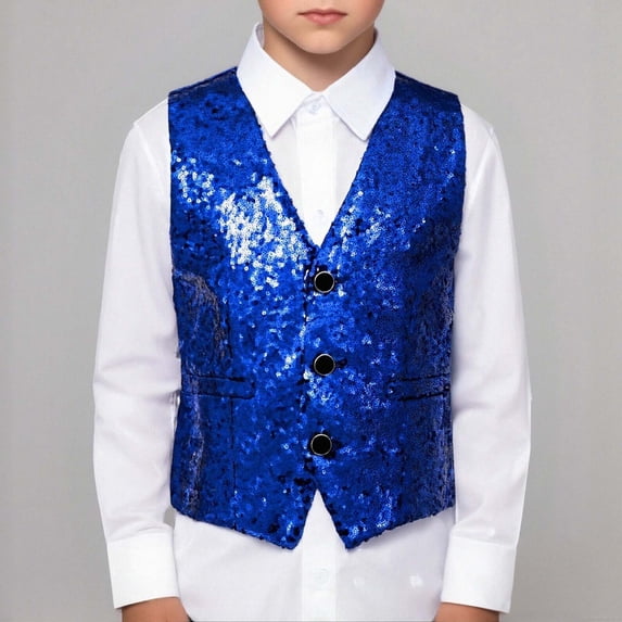 Wuxian Boys Youth Sequins Vest Tops Sleevele V-Neck Button Down Stage Performance Hosting Events Glitter Elegant Party Shows Waistcoat Sparkly Casual Streetwear Jazz Hop Tops,Blue,7-8 Years