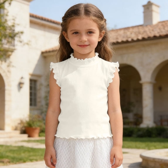 Wuxian Boys Toddler Ribbed Knit Tank Top Shirts Solid Color Ruffles Trim Sleeveless Top Neck Lightweight Summer Vest Basic Tee Tops Blouses Stylish Soft Shirts,White,3-4 Years