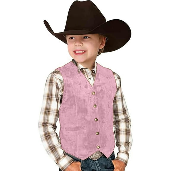 Wuxian Boys Tops Retro Cowboy Vest Suede Leather Party Style V Neck Casual Western Vest Vintage Waist Coat Children Leisure Top,Pink,3-4 Years