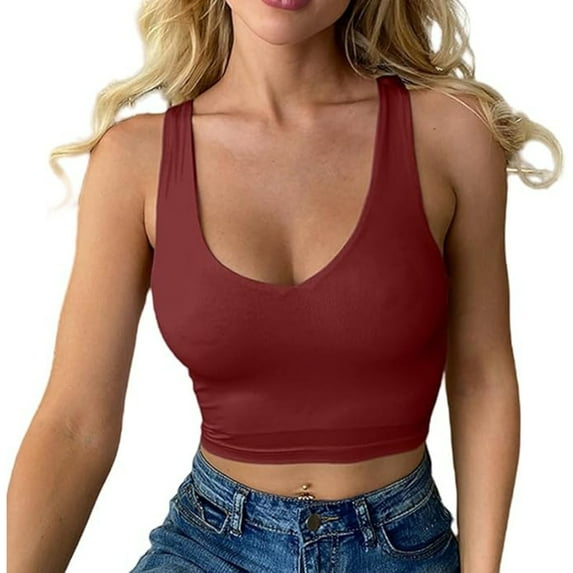 Wuxian Bras For Women Solid Color Crop Top Scoop Neck Seamless Underwire Tank Top Bralette Sleeveless Slim Fit Corset Top Basic Camisole Dailywear Comfortable Lingerie,Red,M