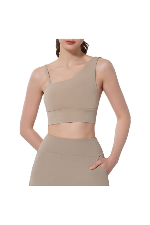 Bras For Women No Underwire Solid Color One Shoulder Slash Neck Full Coverage Supportive Yoga Bra Tank Top Fashionable Seamless Cosual Athletic Dailywear Tshirt Everyday Bras,Khaki,L