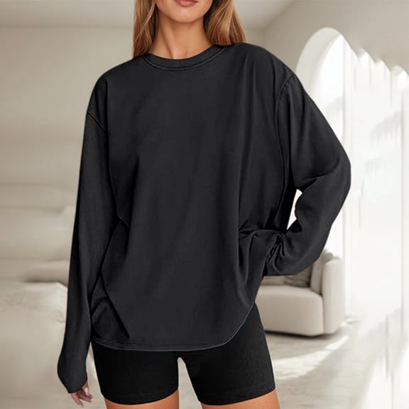 Wuxian Casual Long Sleeve Shirt For Women Oversized T Shirts Fashionable Classic Crewneck Loose Fit Tee Top Basic Round Neck Sweatshirt Layered Basic Fashion Dressy Clothes,Black,M