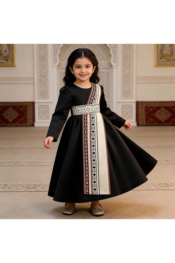 Child Girls Long Sleeve Dresses Traditional Flower Plaid Graphic Embroider Round Neck High Waist Pleated A-Line Long Dress Fashionable Party Birthday Breathable Cozy Dailywear,Black,6-7 Years