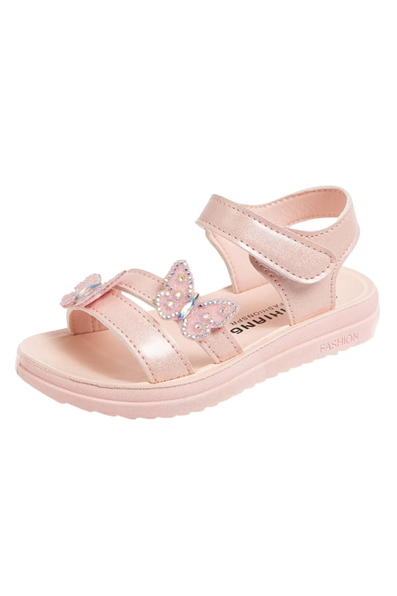 Children Girls Sandals Open Toe Cute Flats Dress Sandals With Butterfly And Diamond Fashion Little Girl Soft Bottom Princess Shoes,Pink,6-7 Years