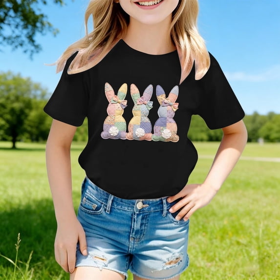 Wuxian Children Girls Tops Shirts Short Sleeve Easter Bunny Letter Print Casual Round Neck T Shirt Loose Fit Cozy Funny Graphic Tees Summer Relaxed Breathable Cozy Dailywear,Black,18-24 Months