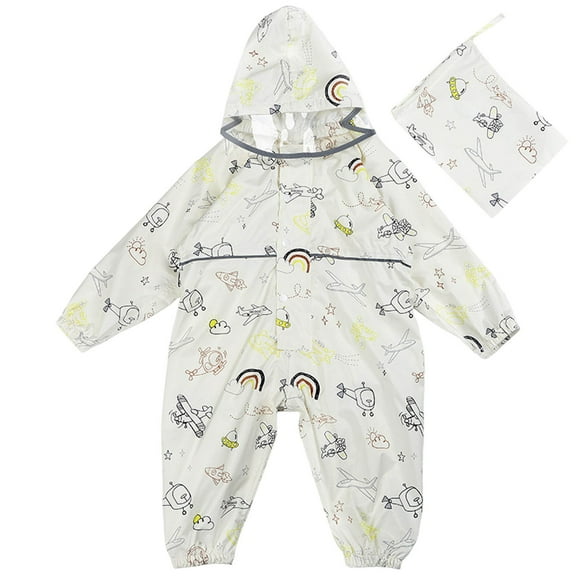 Wuxian Children Rain Suit One Piece Hoodie Zipper Cartoon Waterproof Coverall Rain Jacket Waterproof Coverall,Light Gray,6-7 Years
