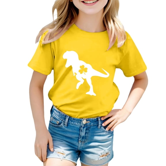 Wuxian Children'S Girls St Patricks Day Shirt Stylish Dinosaur Pattern Short Sleeve O-Neck T Shirt Festival Summer Back To School T Shirt Top Fashionable Clothes Casual Tee Tops,Yellow,6-7 Years