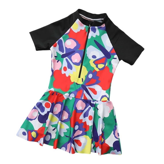 Wuxian Kids Girls Swim Dress Short Sleeve Full Zip Up Floral Print Color Block One-Piece Swimsuit High Waist Ruffles Dresses Fashion Rash Guard Trendy Beachwear,4-5 Years