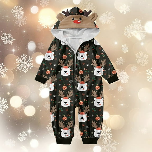 Wuxian Christmas Family Pajamas Hooded Full Zipper Up Sleepwear Outfits Long Sleeve Cute Snowflake Print One Piece Jumpsuits Loungewear For Baby,Black,0-3 Months