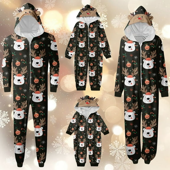 Wuxian Christmas Family Pajamas Hooded Full Zipper Up Sleepwear Outfits Long Sleeve Cute Snowflake Print One Piece Jumpsuits Loungewear For Mom,Black,M