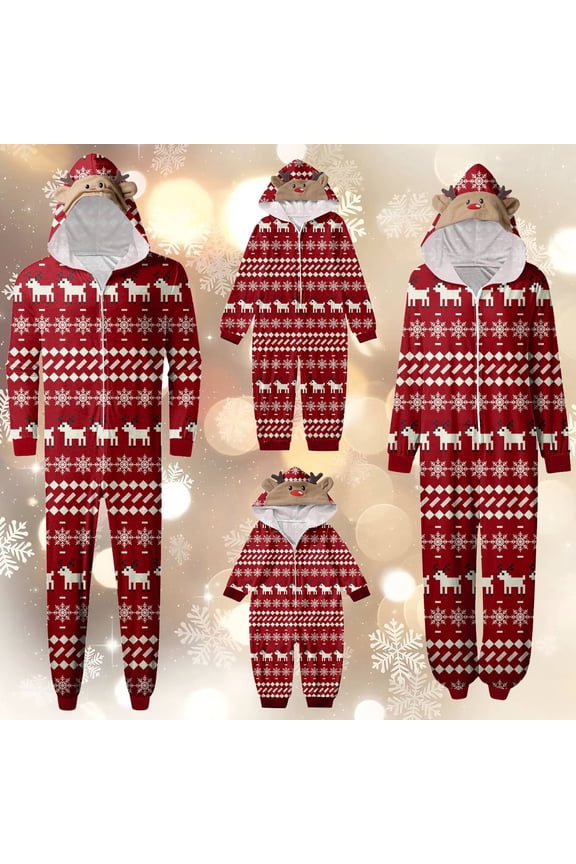 Christmas Family Pajamas Hooded Full Zipper Up Sleepwear Outfits Long Sleeve Cute Snowflake Print One Piece Jumpsuits Loungewear For Men,Red,M