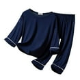 thumbnail image 1 of Wuxian Christmas Outfit For Kids Soft Layered Set Solid Color Round Neck Long Sleeve Shirt Trousers Thin Home Wear Loose Casual Sleep Suit Jogging Sets,Navy,3-4 Years, 1 of 3