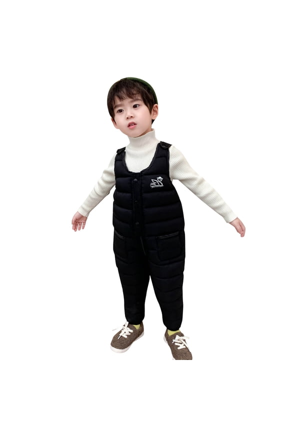 Christmas Outfit For Kids Thick Padded Snowsuit Sleeveless Solid Button Down Jumpsuit Wadded Suspender Ski Pants Overalls Trousers Warm Soft Jogging Sets,Black,4-5 Years