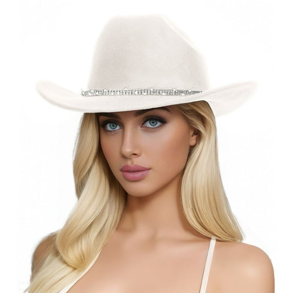 Wuxian Cowboy Hats For Women Western Cowgirl Solid Color Shapeable Wide Brim Sparkly Rhinestone Glitter Belt Fashionable Classic Rolled Up Caps Elegant Vacation Beach Sun Hat,Beige,One Size