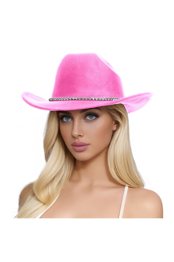 Cowboy Hats For Women Western Cowgirl Solid Color Shapeable Wide Brim Sparkly Rhinestone Glitter Belt Fashionable Classic Rolled Up Caps Elegant Vacation Beach Sun Hat,Watermelon Red,One Size