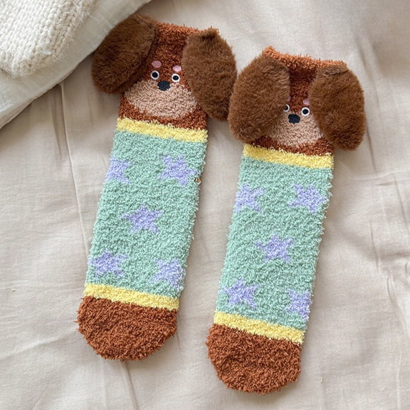 Wuxian Cozy Socks Cute Puppy Animal Graphic Striped Print Fuzzy Thickened Crew Socks Winter Thermal Sleeping Slipper Socks Casual Breathable Socks,Mint Green,One Size