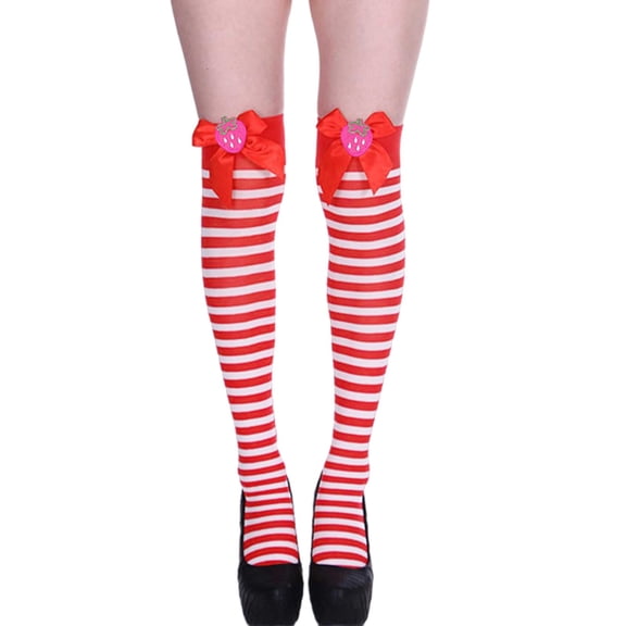 Wuxian Cozy Socks Fashion Thigh High Stockings Cute Bow Striped Strawberry Over The Knee Sock Festival Leggings Stocking Casual Breathable Socks,Red,One Size
