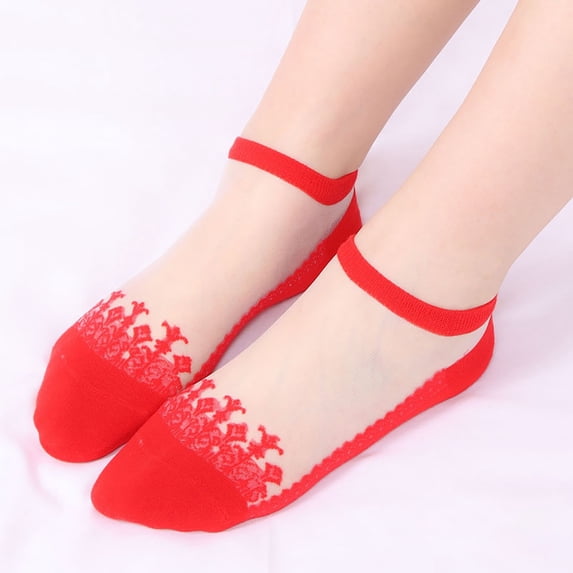 Wuxian Cozy Socks Lace Rose Pattern Ankle Socks Low Cut No Show Hollow Ruffle Non Boat Sock Soft Comfy Dailywear,Red,One Size