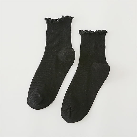Wuxian Cozy Socks Ruffles Trim Casual Cotton Crew Socks Solid Color Knit Low Ankle Fashion Soft Casual Breathable Socks,Black,One Size