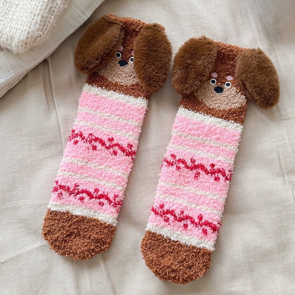 Wuxian Cozy Socks For Women Cute Puppy Animal Graphic Striped Print Fuzzy Thickened Crew Socks Winter Thermal Sleeping Slipper Socks Fuzzy Socks,Pink,One Size