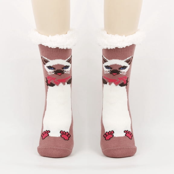 Wuxian Cozy Socks For Women Fuzzy Slipper Socks Thick Warm Plush Lined Cute Animal Pattern Winter Thermal Non-Slip Booties Stocking Comfy Dailywear,Pink,One Size