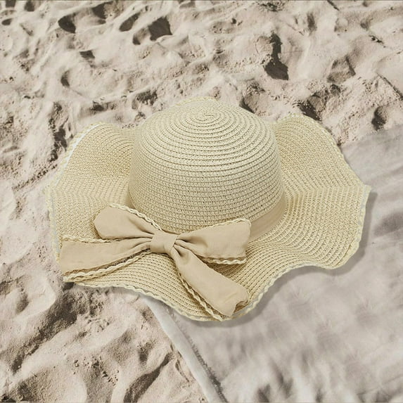 Wuxian Crochet Straw Hats For Women Solid Color Bow Wide Brim Summer Dress Hat Shapeable Hollowed Out Breathable Fashionable Lightweight Foldable Party Vacation Beach Sun Hat ,Beige,One Size
