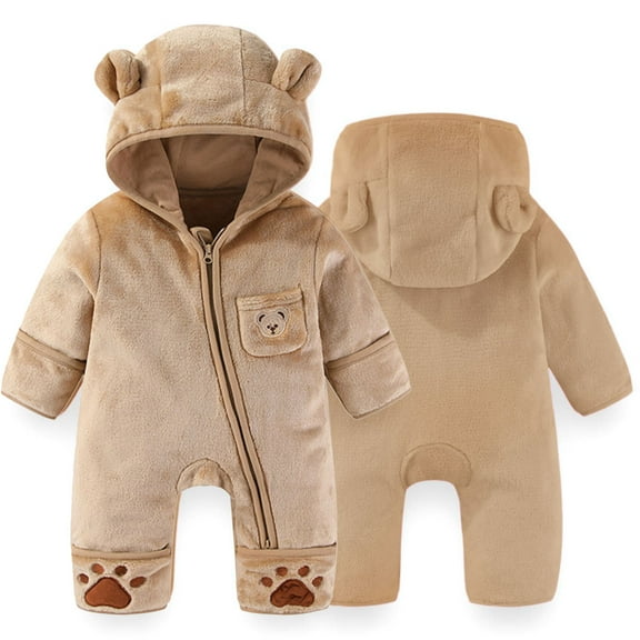 Wuxian Cute Boys Bodysuit Winter Fuzzy Thick Cozy Hooded Jumpsuit Long Sleeve Full Zip Up Overall Romper Relaxed Cozy Outwear Daily Wear,Coffee,2-3 Months