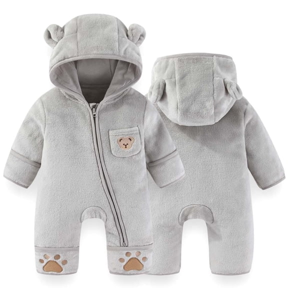 Wuxian Cute Boys Bodysuit Winter Fuzzy Thick Cozy Hooded Jumpsuit Long Sleeve Full Zip Up Overall Romper Relaxed Cozy Outwear Dailywear,Grey,1-2 Months