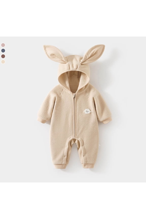 Cute Boys Bodysuit Winter Fuzzy Thick Cozy Hooded Jumpsuit Long Sleeve Full Zip Up Overall Romper Relaxed Cozy Outwear Outfit,Beige,18-24 Months