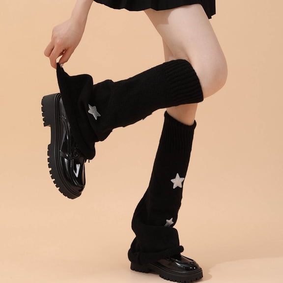 Wuxian Cute Socks Classic Striped Leg Warmers Star Pattern Knee Length Warm Socks Fashionable Footless Boot Sleeves Comfy Dailywear,Black,One Size