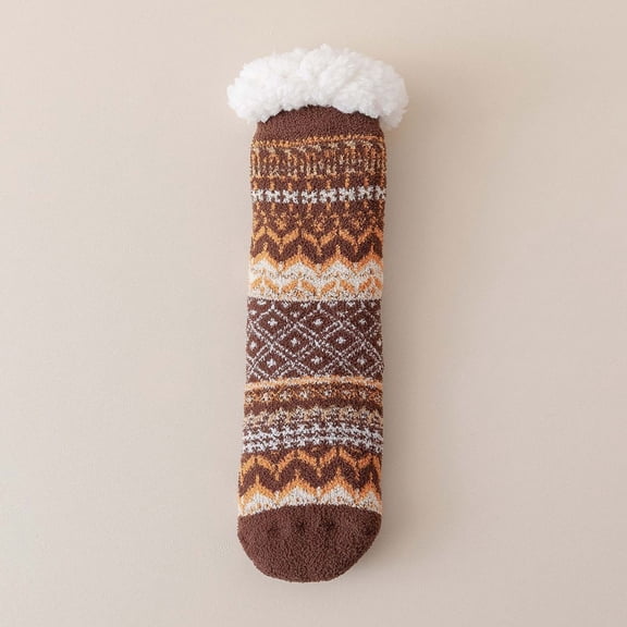 Wuxian Cute Socks Cute Puppy Animal Graphic Striped Print Fuzzy Thickened Crew Socks Winter Thermal Sleeping Slipper Socks Comfy Dailywear,Coffee,One Size