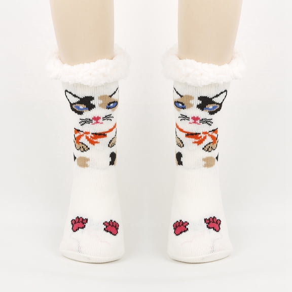 Wuxian Cute Socks Fuzzy Slipper Socks Thick Warm Plush Lined Cute Animal Pattern Winter Thermal Non-Slip Booties Stocking Casual Breathable Socks,White,One Size