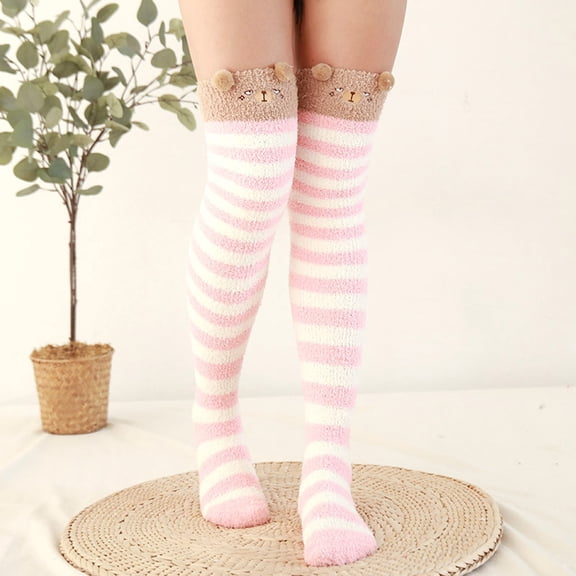 Wuxian Cute Socks Winter Striped Fuzzy Warm Socking Over The Knee Socks Thick Woolen Leg Warmers Leggings Stockings Fuzzy Socks,Brown,One Size