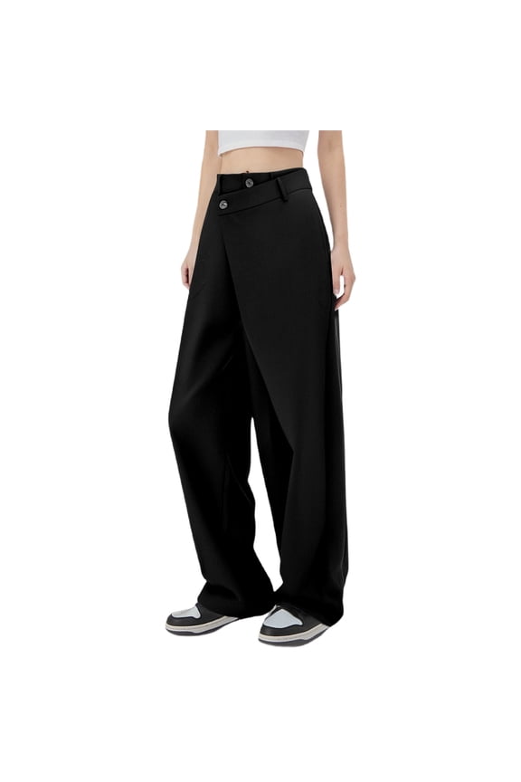 Dress Pants Women Irregular Design Straight Leg Trousers Baggy High Waist Solid Color Casual Work Trousers Long Palazzo Pants Loose Fit Summer Patchwork Flat Front Trousers,Black,M