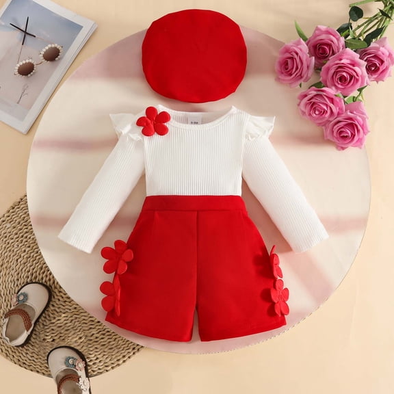 Wuxian Fall Girls Outfit 3 Piece Long Sleeve Knitted Ruffled Crewneck Floral T Shirt Tops And Shorts With Cute Hat Stylish Sweatsuit Clothing Sets,Red,9-12 Months