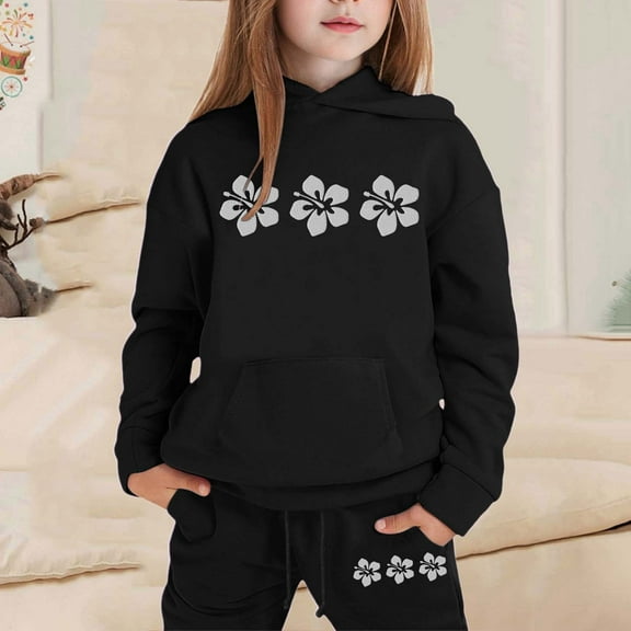 Wuxian Fall Girls Outfit Floral Print Sweatsuit Long Sleeve Lightweight Hoodie Sweatshirts And Long Trousers Tracksuit Girls Cute Clothing Set,Black,3-4 Years