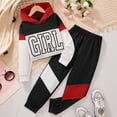 thumbnail image 1 of Wuxian Fall Girls Outfit Sweatshirt Suit Hoodie Long Sleeve Pullover Matching Trousers Color Block Letter Print Sport Sets Kids Clothing Set,Red,10-11 Years, 1 of 6