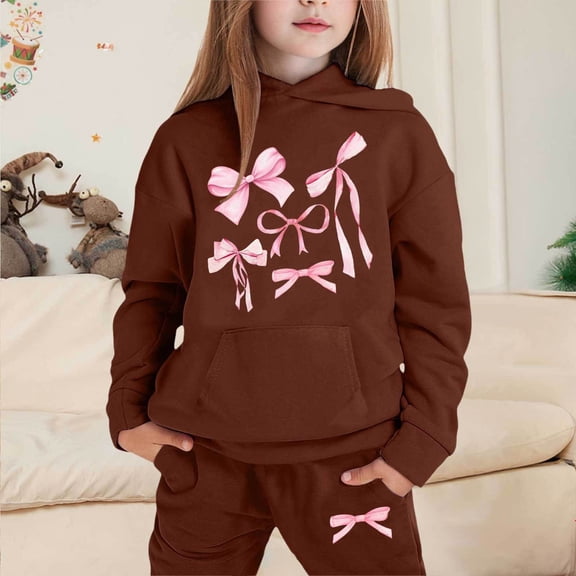 Wuxian Fall Girls Outfit Sweatsuit Long Sleeve Solid Warm Hoodie Pullover Sweatshirt Trousers Solid Color Sweat Suit Fall Winter Clothing For Girls,Coffee,10-11 Years