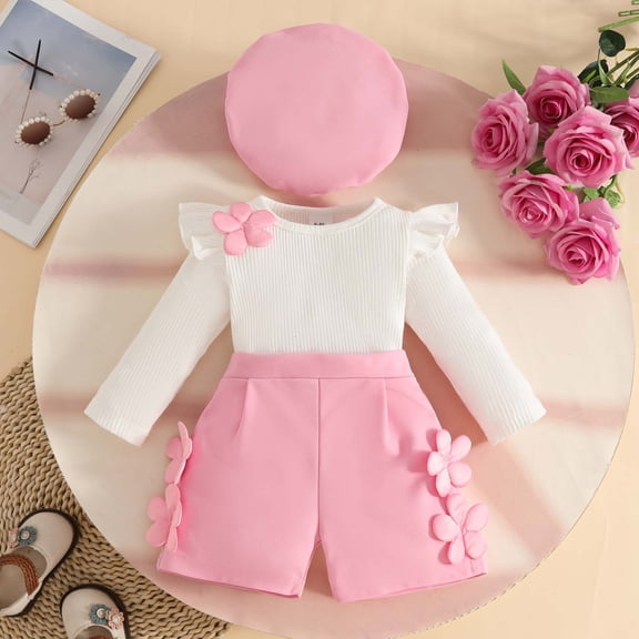 Wuxian Fall Outfits For Girls 3 Piece Long Sleeve Knitted Ruffled Crewneck Floral T Shirt Tops And Shorts With Cute Hat Stylish Sweatsuit Clothing Sets,Pink,9-12 Months