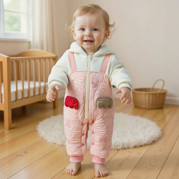 Wuxian Fall Outfits For Girls Hooded Zip Up Jumpsuit Thickened Lined Color Block Cute Cartoon Print Romper Winter Warm One-Piece Outwear Fall Winter Girls Outfits,Pink,0-3 Months