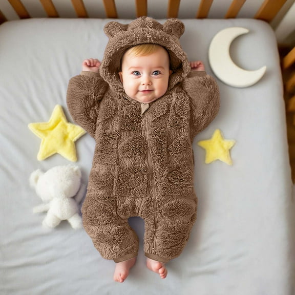 Wuxian Fall Outfits For Girls Jumpsuit Wool Fuzzy Thickened Warm Hooded Long Sleeve Solid Color Zipper Bodysuit Winter Romper Sweatsuit Clothing Sets,Brown,12-18 Months