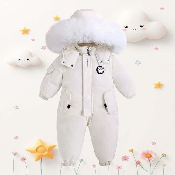 Wuxian Fall Outfits For Girls Winter Thermal Solid Solid Color Snowsuit Bodysuit Windbreaker Ski Wear Fuzzy Hooded Zipper Long Sleeve Jumpsuit Soft Warm Romper Sweat Set For Toddler,White,2-3 Years