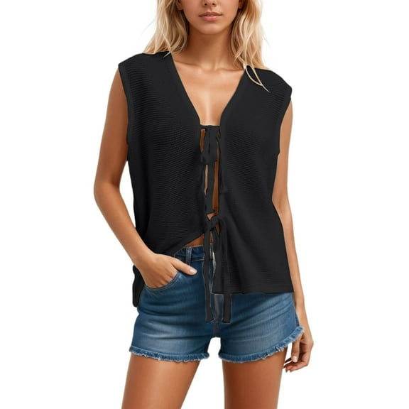 Wuxian Fall Sweater For Women Knit Sweater Vest Sleeveless Solid Color Lace Up Front Open Cardigan Casual Cover Up Tunic Top Soft Stretchy Loose Fit Waistcoat Tops Winter Clothes,Black,L