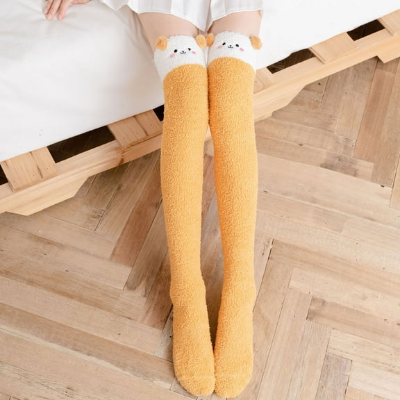 Wuxian Fluffy Socks Cute Cartoon Thermal Fuzzy Solid Over The Knee Socks Leggings Thigh High Colorful Athletic Leisure Thick Lined Stocking Breathable Lightweight Footwear,Yellow,One Size