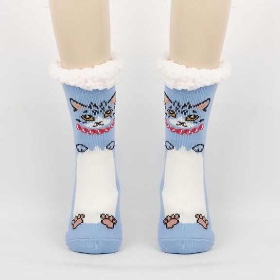 Wuxian Fluffy Socks Fuzzy Slipper Socks Thick Warm Plush Lined Cute Animal Pattern Winter Thermal Non- Booties Stocking Fuzzy Socks,Blue,One Size