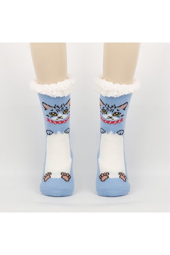 Fluffy Socks Fuzzy Slipper Socks Thick Warm Plush Lined Cute Animal Pattern Winter Thermal Non- Booties Stocking Fuzzy Socks,Blue,One Size